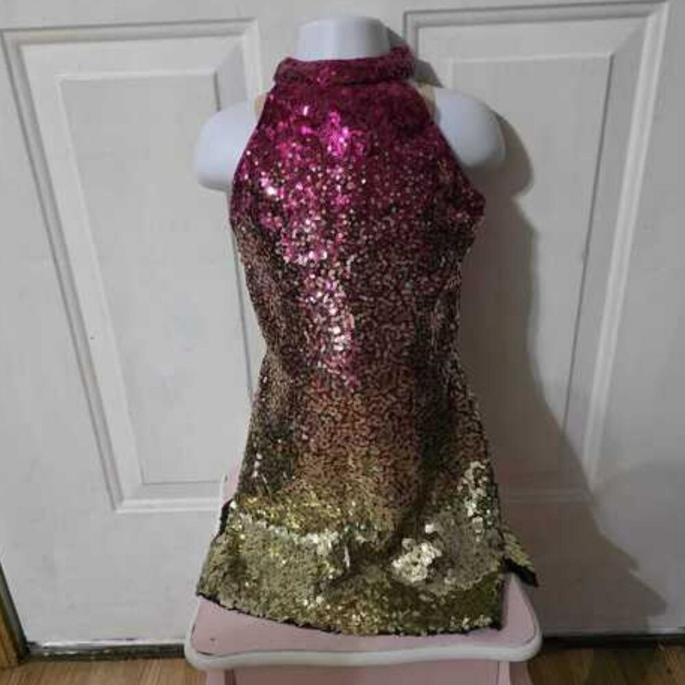 Dazzling Sequin Ombre Dance Costume – Pink to Gold Sparkle Dress